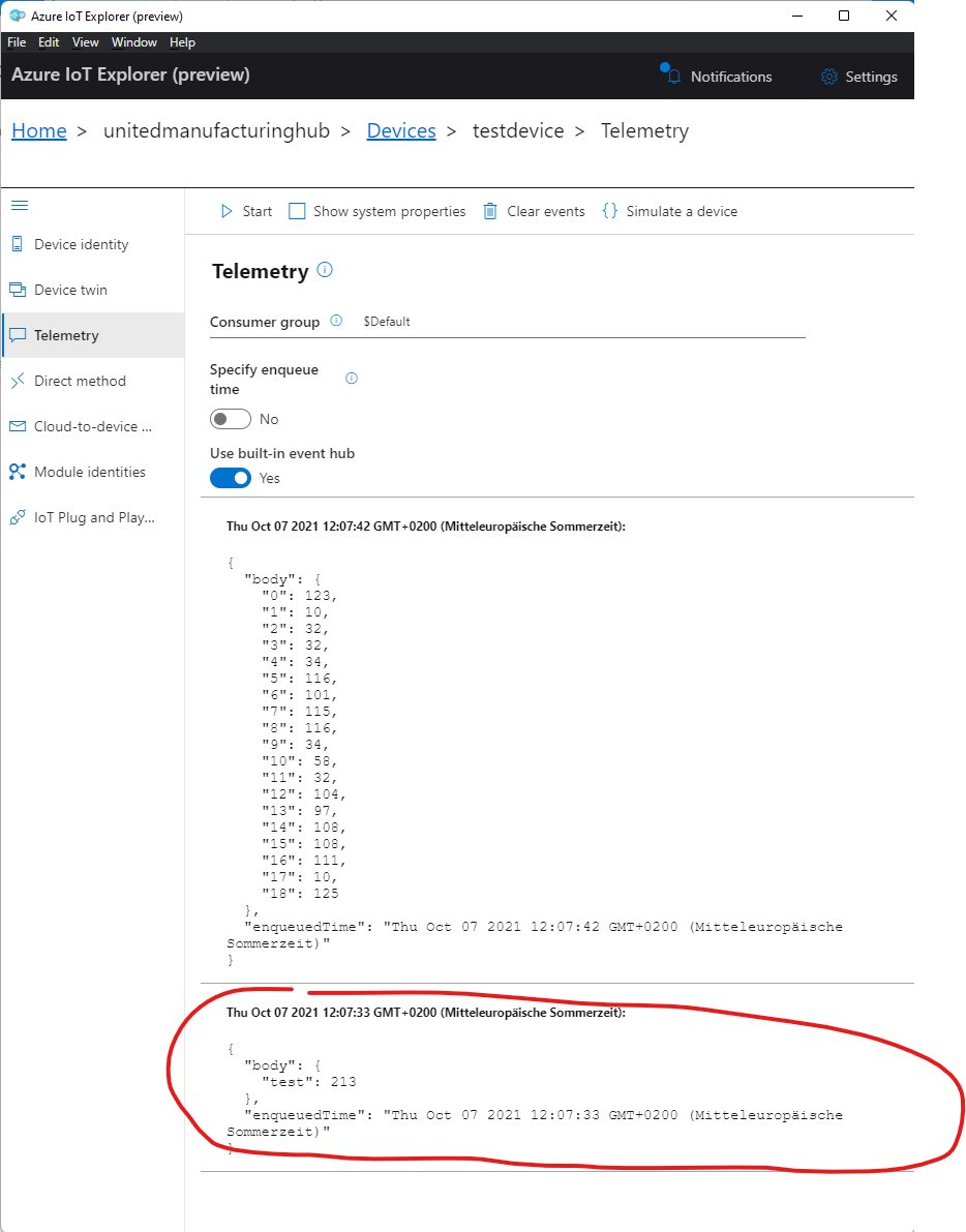 Messages arriving in the Azure IoT Hub Explorer