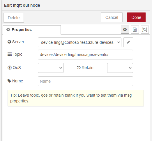 MQTT-out node - topic and server