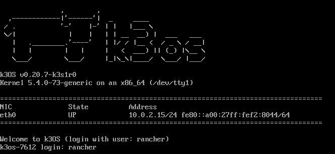 k3OS installer fully booted with rancher as username