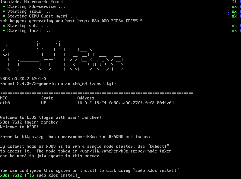 entered sudo k3os install